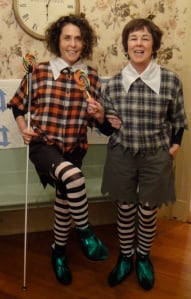 JoAnn Becker and Diane Croft dressed for Halloween as the Lollipop Guild characters from the Wizard of Oz