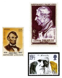 3 stamps featuring Abraham Lincoln, Charles Darwin, and Louis Braille