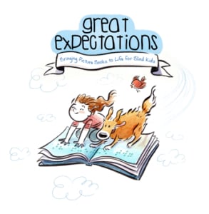 Great Expectations logo of a girl and her dog on a flying book