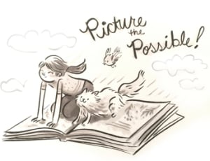 Picture the Possible sketch of a girl and her cat on a flying book 