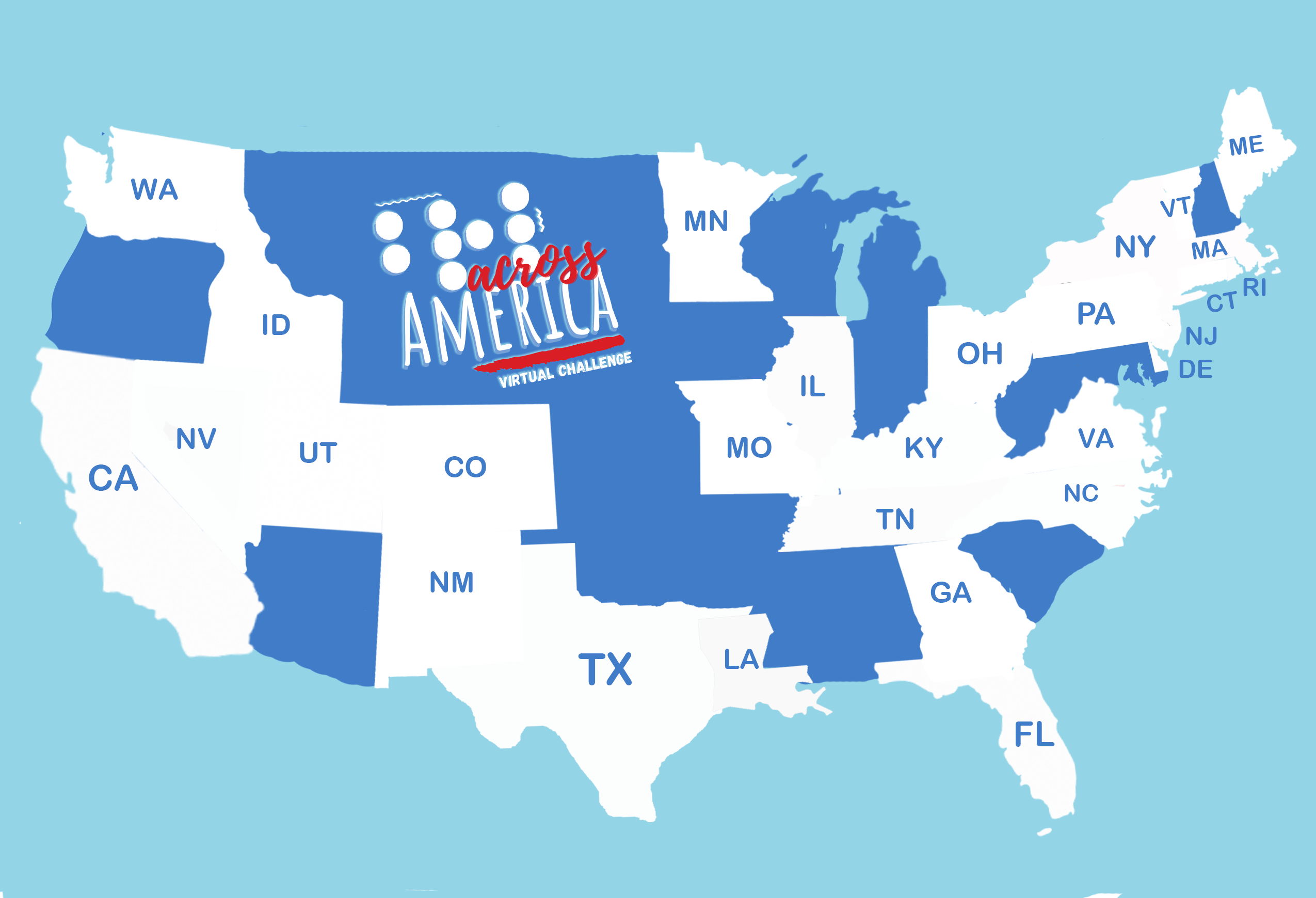 Blue on Blue Braille Across America Logo Map with Participating States highlighted in white.