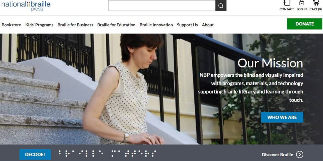 NBP.org homepage screenshot featuring a women reading braille on our front steps.